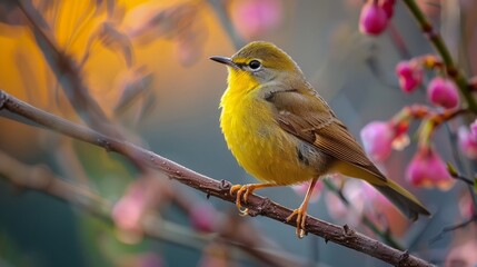 Yellow bird perched on branch with blossoming pink flowers in bright nature setting