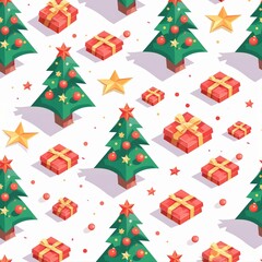 Festive pattern of Christmas trees, stars, and gift boxes on a white background.