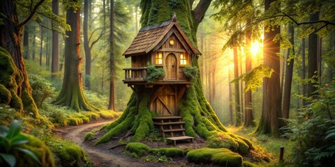 Enchanting wooden fairy tree house nestled in the woods , Fairy, magical, whimsical, mystical, fantasy, tree house, woodland