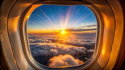 Sunrise view through window of airplane, sunrise, plane window, airplane, travel, morning, sky, horizon, clouds, sun