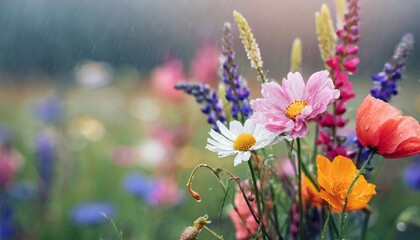 colorful meadow flowers close up in rainy weather, natural abstract background. summer season. symbol of love, romance, purity wild nature. template for design