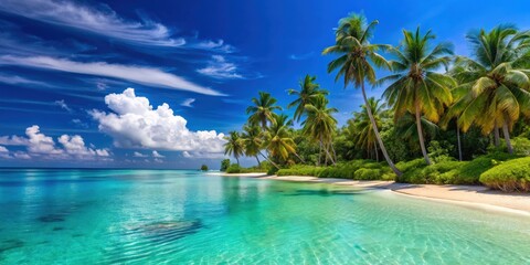 Turquoise waters and white sandy beaches with lush palm trees and clear blue skies, tropical, island, beach, view, beautiful