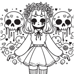 Cute halloween coloring page girl witch