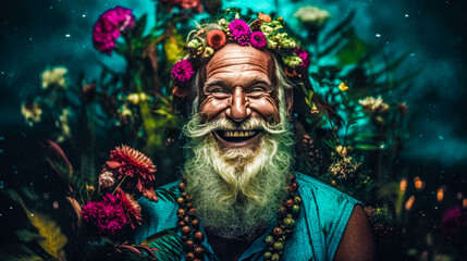 happy elderly man surrounded by flowers, happy enlightened face, hippie, retro vintage surrealism