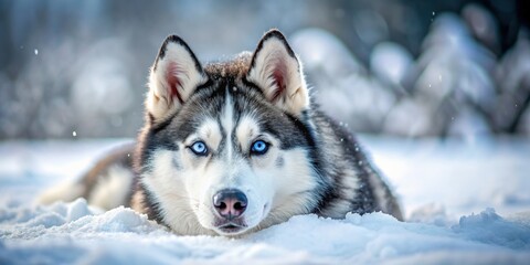 Naklejka premium Siberian Husky lying in snow with piercing blue eyes, embodying winter beauty , Husky, snow, blue eyes, winter, cold, fur, white