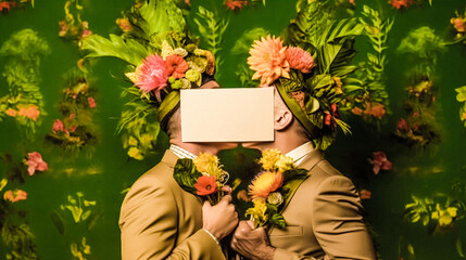 two grooms, same-sex couple kissing, faces hidden by flowers and gift card,copy space, festive costumes, conceptual photo of gay relationship, LGBT culture,