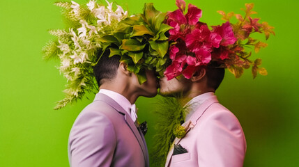 two grooms, same-sex couple kissing, faces hidden by flowers, festive costumes, conceptual photo of gay relationship, LGBT culture,