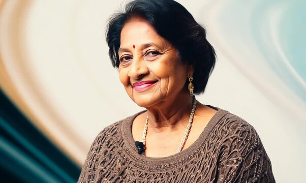 Lifestyle portrait of an Indian woman in her 50s against an abstract background wearing a cardigan