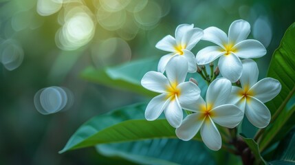 Naklejka premium White plumeria flowers blooming amidst lush green leaves in tropical garden