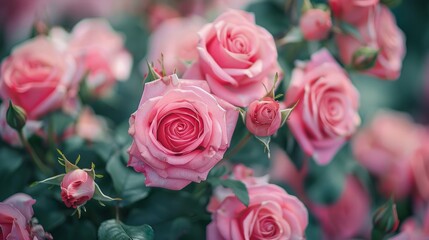 Close up of blooming pink roses in a garden during daylight