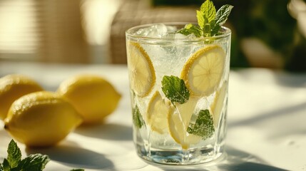 A frosty glass of lemonade with lemon slices and mint leaves, served on a sunny patio.