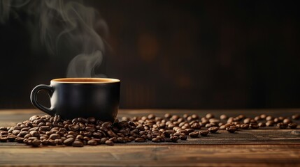 Steaming coffee cup surrounded by fresh beans on rustic wooden surface