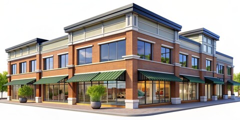 Obraz premium 3D Rendered Brick Building with Green Awning and Large Windows, 3D Rendering, Brick Building, Storefront Design, Retail Space