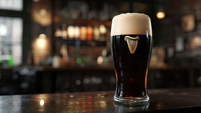 A frothy Guinness beer with a creamy head, enjoyed in an Irish pub.