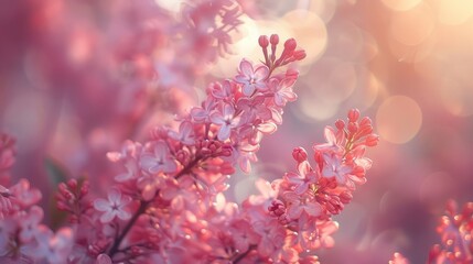 Pink lilac flowers blooming in a springtime park at sunset