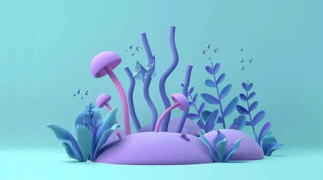 Surreal underwater cute panorama with algae mushrooms sand and moving bubbles with 3d cartoon style isolated on monochrome background, 3d studio style