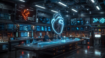 Fototapeta premium A high-tech research facility focuses on cardiac studies, featuring advanced holographic displays and a collaborative workspace for medical professionals.
