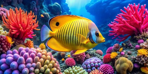 Obraz premium A Vibrant Reef Scene Featuring a Yellow and Black Striped Fish, Colorful Coral and a Blue Background, Underwater Photography, Marine Life, Coral Reef, Tropical Fish, Ocean