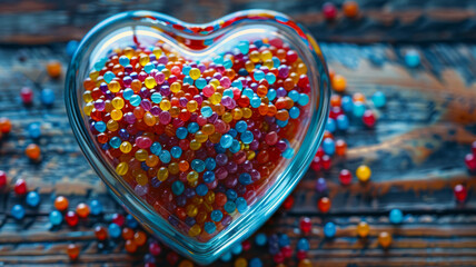 Glass heart filled with colorful beads on a wooden surface
