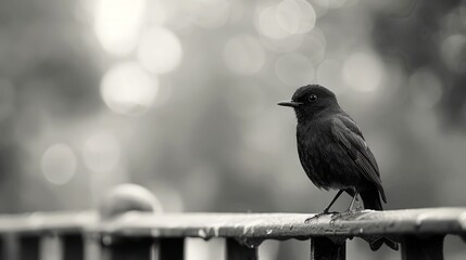 Bird perched on a rail at dawn with soft background bokeh