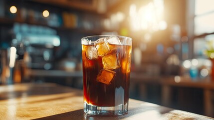 A glass of cold brew coffee with ice cubes, set against a chic background.