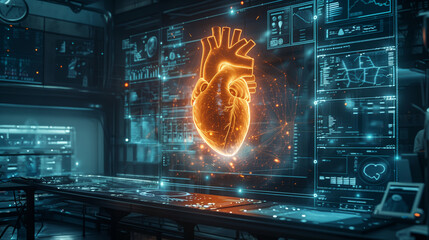 A researcher interacts with a holographic heart model, exploring advanced data at a modern medical facility focused on cardiac studies.