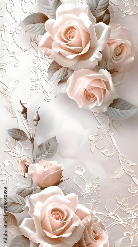 Canvas Prints Delicate Floral Wedding Frame with Graceful Roses and Lace on Soft White Background