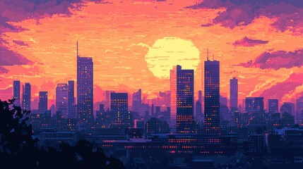 Obraz premium Sunset cityscape in pixel art, showcasing a blend of colorful skies and detailed urban features.