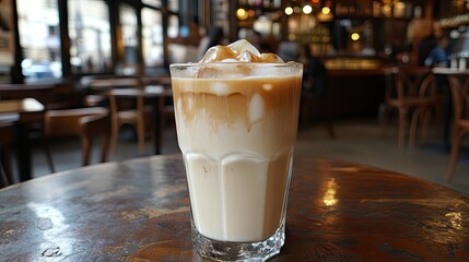A glass of iced chai latte with milk, enjoyed in a bustling