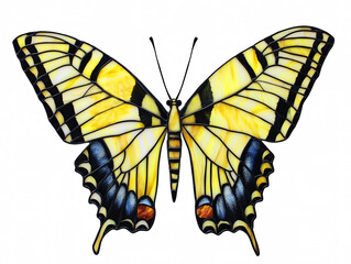 Fototapeta premium Detailed yellow swallowtail butterfly stained glass style art, isolated on a white background.