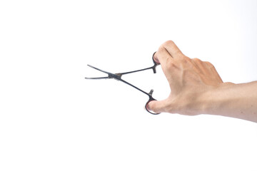 hand holding curved forceps surgical tool on white background, isolated photo