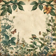 Vintage Botanical Frame with Detailed Floral on Aged Paper Background