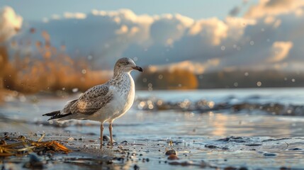 Bird perched on shoreline at sunset with gentle waves and soft clouds