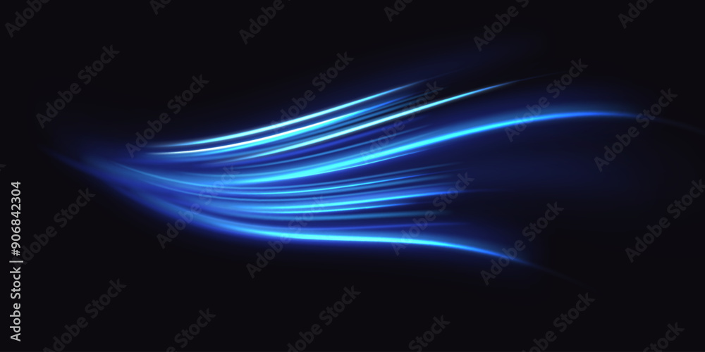 Poster blue wind waves effect. abstract light motion trails with sparkles isolated on black background. lig