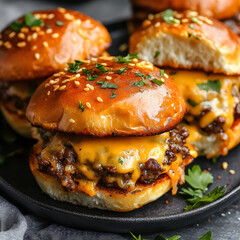 Close-up of a juicy cheeseburger slider on a black plate.