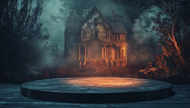 Circle Podium in Front of a Haunted House for Halloween Event Podium halloween