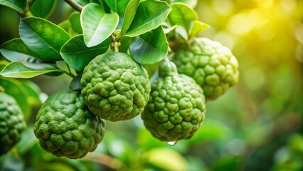 Fototapeta premium Close-Up of Green Kaffir Lime Fruit Hanging from a Branch, Kaffir Lime, Citrus Fruit, Southeast Asian Cuisine, Thai Food