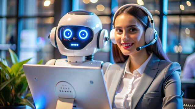 A woman in a business suit smiles and works with a robot assistant.