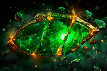 Fototapeta premium A green and yellow crystal in the middle of a space filled with asteroids