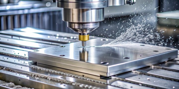 CNC Milling Machine Cutting Metal with Coolant, metalworking, cnc machining, industrial automation, manufacturing