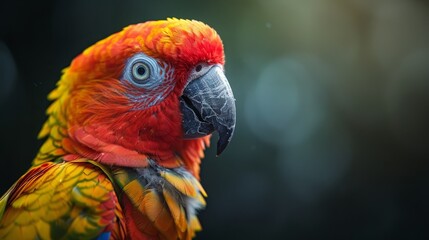 Vibrant parrot perched against dark background in lush habitat