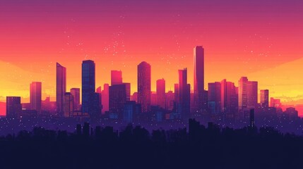 Fototapeta premium Vector illustration of a silhouette city skyline at sunset, with vibrant colors and detailed skyscrapers.