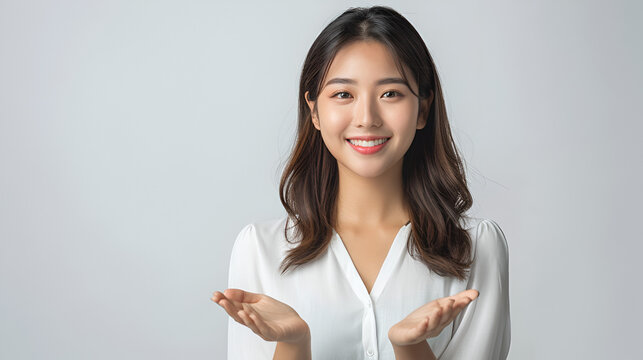 Young Business Casual Asian Woman in hands holding postion