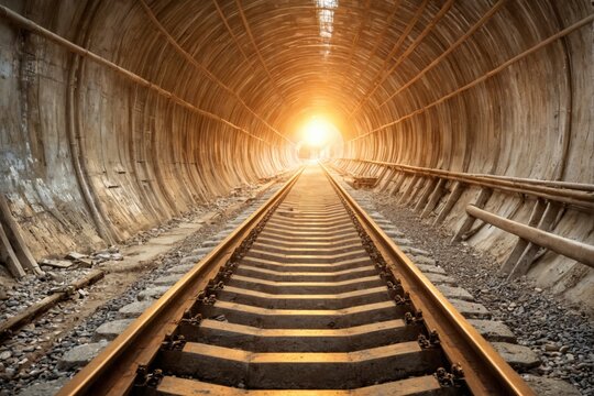 Long narrow tunnel train track running through it The image show