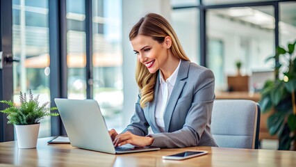 A confident businesswoman sitting in a bright office, smiling as she completes her work on a laptop, representing professionalism, modern technology, and workplace satisfaction.