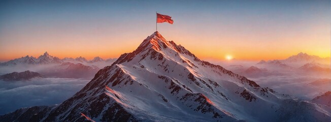 Landscape photograph mountain peak red flag top covered Concept