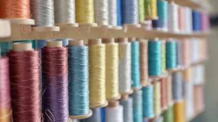 Row spools thread various colors are arranged neat Thread spools