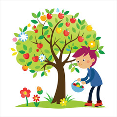 A tree with a child picking flowers nearby illustration vector