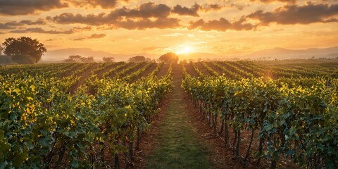Naklejka premium Landscape photograph vineyard sunset sky filled orange yellow Sc