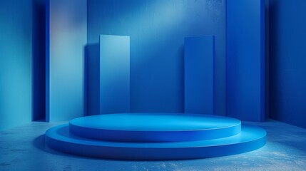 Blue podium on a stage surrounded by minimalist blue background in a studio setting